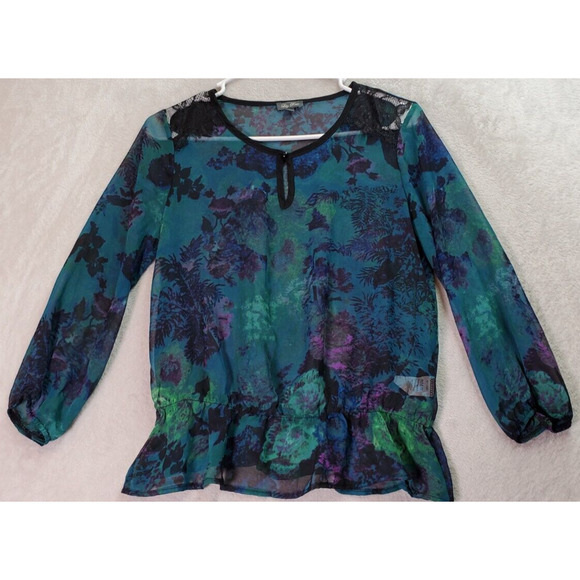 Lily‎ Rose Blouse Top Womens Size Small Teal Floral Sheer Long Sleeve Round Neck - Picture 1 of 9